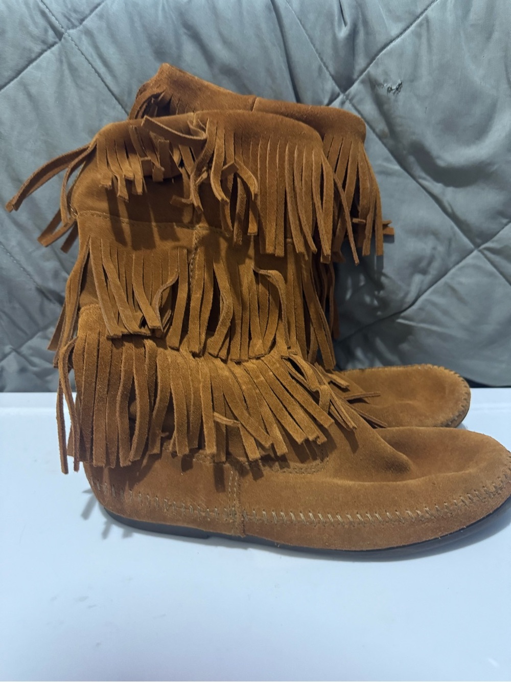 Minnetonka Brown Suede Triple Fringe Moccasin Boots